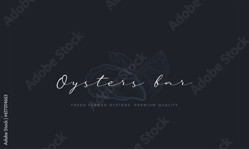 Oyster bar banner with hand drawn closed oyster shell and lemon on the background. Dark blue premium, luxury feel template for menu cover, invitation, banner, flyer or business card