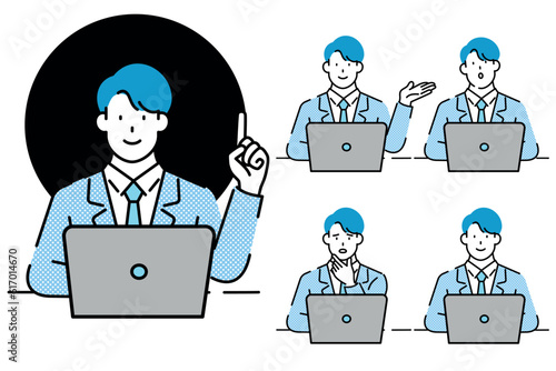 Businessman sitting in front of laptop. Set of different poses. Vector illustration