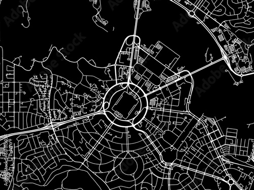 Vector road map of the city of  Canberra center in the Australia with white roads on a black background.