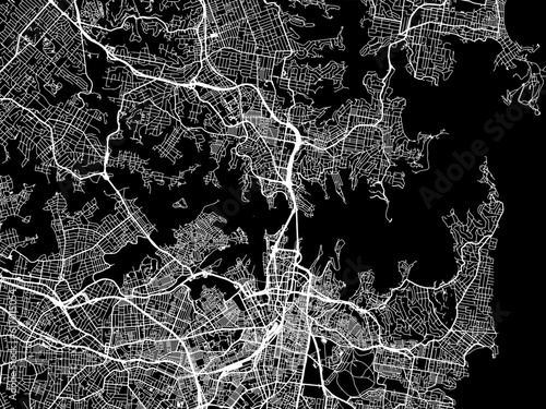 Vector road map of the city of  Sydney Harbour in the Australia with white roads on a black background.