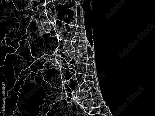 Vector road map of the city of  Gold Coast in the Australia with white roads on a black background.