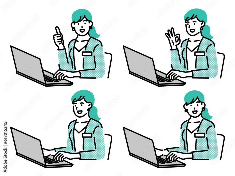Set of vector illustrations of business women sitting and working on laptops in various poses. Set of vector illustrations of business women sitting and working on laptops in various poses.