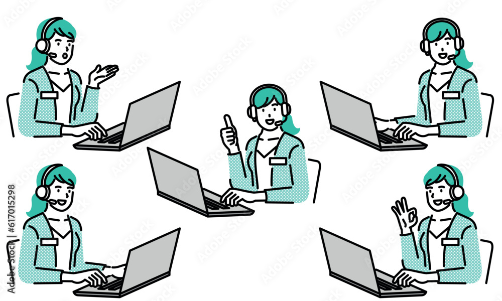Set of different poses of customer service female employee, business woman wearing headset. Online assistant, consultant wearing headset. Set of different poses of customer service female employee, business woman wearing headset. Online assistant, consultant wearing headset.