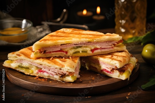 A Cuban Sandwich Filled with Ham, Roast Pork, Swiss Cheese, Mustard, and Pickles. Generative AI