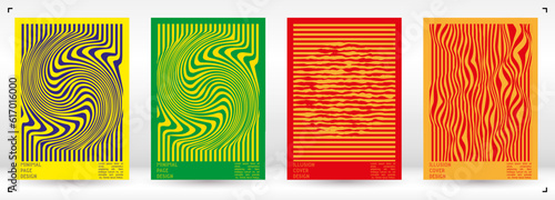 Geometrical Poster Design with Optical Illusion Effect.  Modern Psychedelic Cover Page Collection. Colourful Wave Lines Background. Fluid Stripes Art. Swiss Design. Vector Illustration for Brochure.