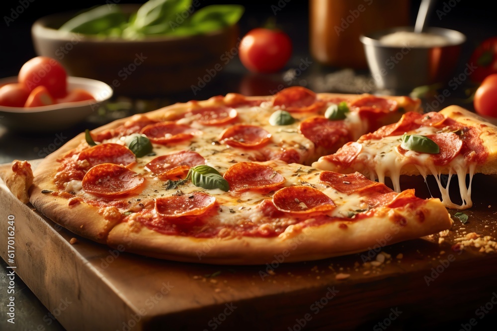 Sliced Pepperoni Pizza with Mozzarella cheese salami on a wooden table generative ai Sliced Pepperoni Pizza with Mozzarella cheese salami on a wooden table generative ai