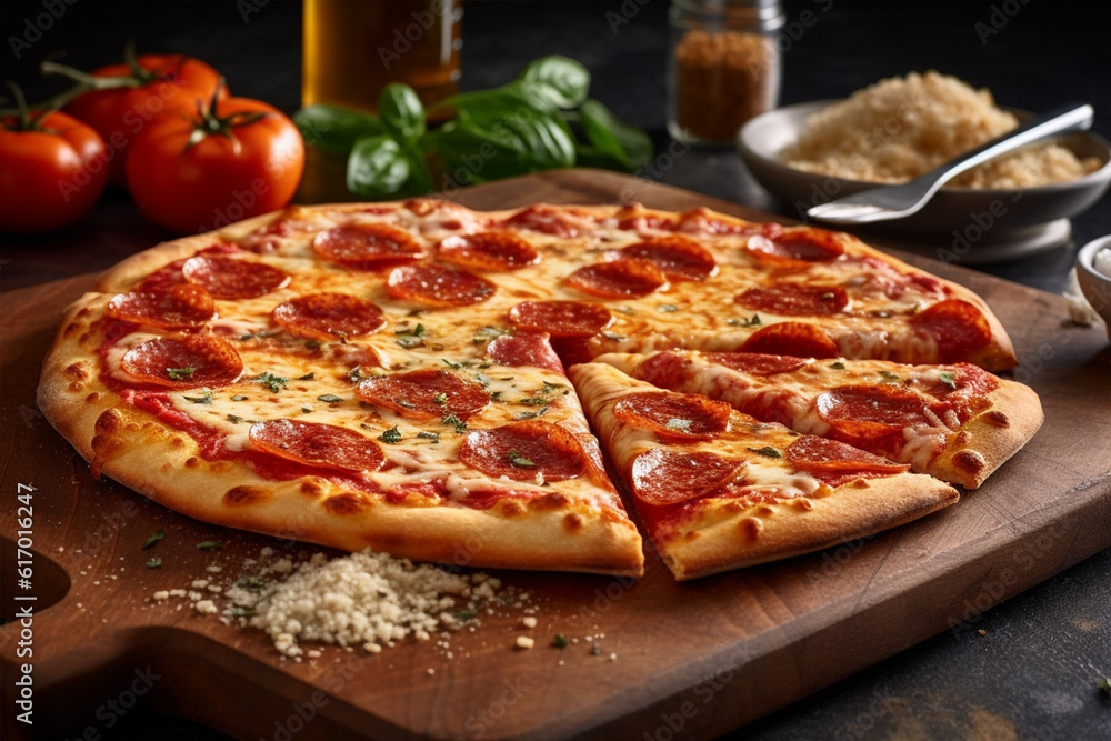 Sliced gourmet pizza slice with mozzarella and salami pepperoni generative ai Sliced gourmet pizza slice with mozzarella and salami pepperoni generative ai