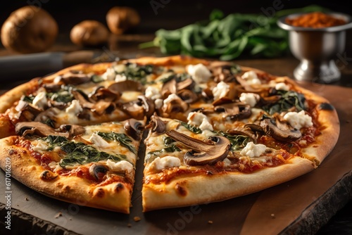 Classic vegetarian pizza slice with mushrooms and Fresh Basil. Italian pizza generative ai