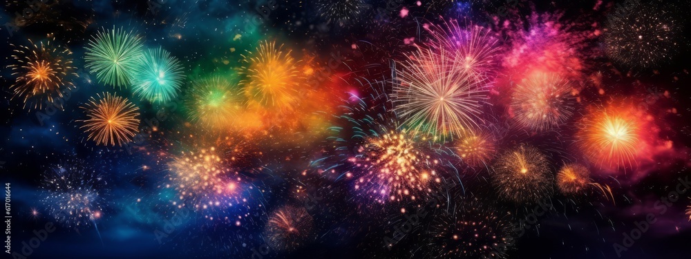 Naklejka premium An explosion of colorful fireworks lighting up the night sky, creating a festive and celebratory atmosphere. Web banner backdrop. Generative Ai