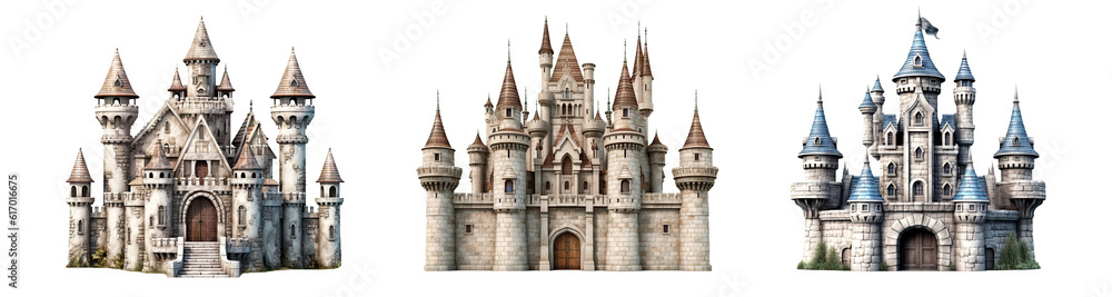 Set of castle isolated on white background - Generative AI