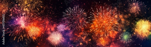 An explosion of colorful fireworks lighting up the night sky, creating a festive and celebratory atmosphere. Web banner backdrop. Generative Ai
