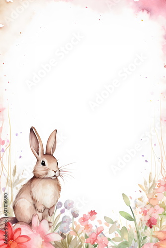 subtle floral bunny frame with white copy space, watercolor painting made with generative ai