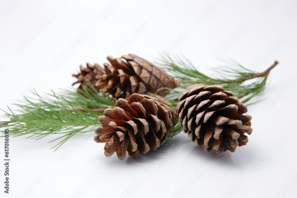 Close-up of a pine branch with pine cones on a white background. Close-up of a pine branch with pine cones on a white background.