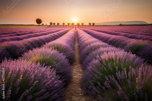 Summer landscape field of blooming lavender at sunset.