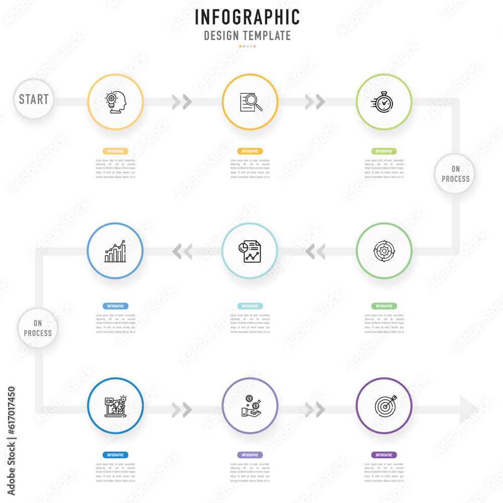 Circular roadmap infographic template or element with 9 step, process, option, colorful circle, button, journey, arrow, minimal style for sale slide, banner, agenda, schedule, workflow, flowchart, web Circular roadmap infographic template or element with 9 step, process, option, colorful circle, button, journey, arrow, minimal style for sale slide, banner, agenda, schedule, workflow, flowchart, web