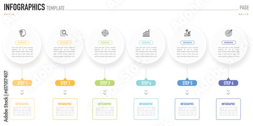 Circular infographic template or element with 6 step, process, option, colorful circle, rectangle, label, arrow, button, minimal style for sale slide, schedule, agenda, flowchart, workflow, roadmap