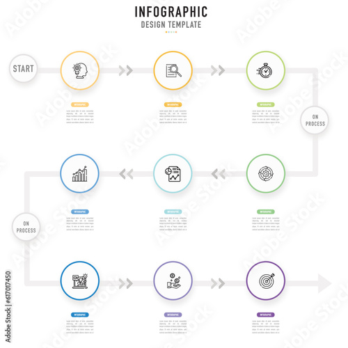 Circular roadmap infographic template or element with 9 step, process, option, colorful circle, button, journey, arrow, minimal style for sale slide, banner, agenda, schedule, workflow, flowchart, web