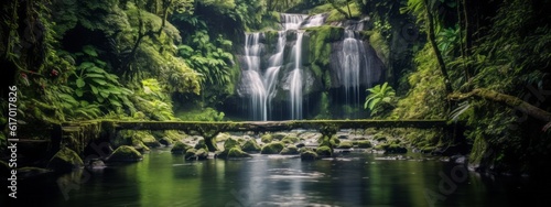 A dreamy and ethereal capture of a waterfall surrounded by lush greenery  evoking a sense of serenity and natural beauty. Web banner backdrop. Generative Ai