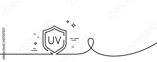 Sun protection line icon. Continuous one line with curl. Uv protect sign. Sunscreen effect symbol. Uv protection single outline ribbon. Loop curve pattern. Vector