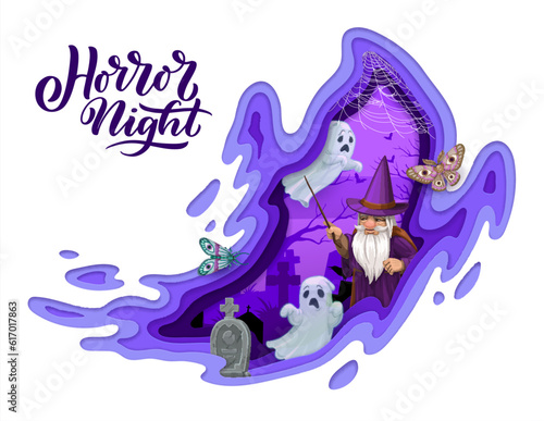 Halloween paper cut ghost with cemetery landscape double exposition. Vector 3d effect papercut frame in shape of spook with funny wizard, moth and phantom characters at midnight graveyard with trees