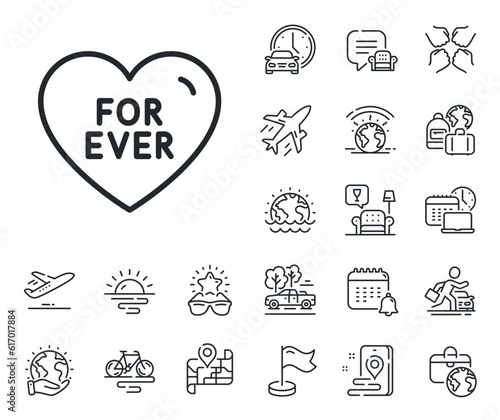 Sweet heart sign. Plane jet, travel map and baggage claim outline icons. For ever line icon. Valentine day love symbol. For ever line sign. Car rental, taxi transport icon. Place location. Vector