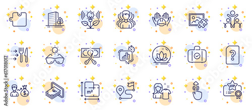 Outline set of Group, Floor plan and Cash line icons for web app. Include Statistics timer, Clean shirt, Swipe up pictogram icons. Carry-on baggage, Buildings, Lotus signs. Cut tax. Vector