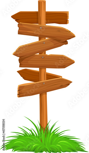 Cartoon wooden direction sign or pointer signboard, vector wood signpost or post board. Direction sign of wooden plank arrows, old road blank signboard or rustic banner with direction arrows on grass