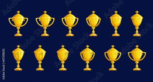 Golden trophy cup sequence, animation sprite sheet. Cartoon vector gold winner goblet turn around animated rotation frame. Turning game ui gui yellow glossy assets for user interface, isolated bonus