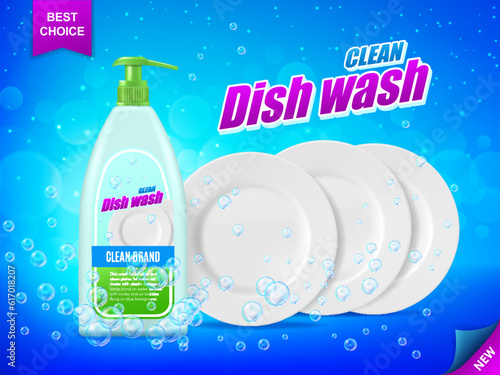 Dish cleaner, kitchen dish soap. Detergent dishware bottle, plates and bubbles. 3d vector poster with liquid product in plastic tube and clean platters on blue background, advertising promo template
