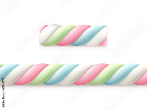 Realistic marshmallow, isolated 3d vector sweet, fluffy confection made from sugar, corn syrup, and gelatin. Twisted white, pink, blue and green pastel colored candy, snack with soft gummy texture