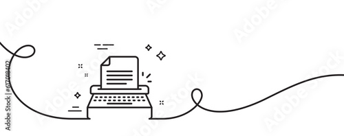 Typewriter line icon. Continuous one line with curl. Copywriting sign. Writer machine symbol. Typewriter single outline ribbon. Loop curve pattern. Vector