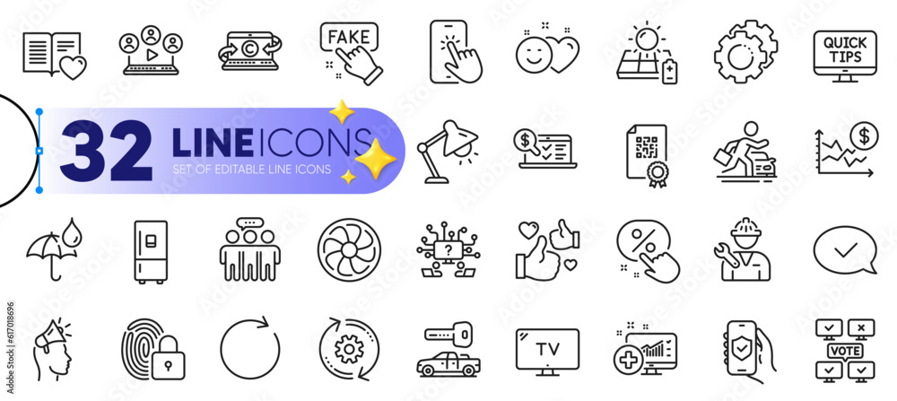 Outline set of Copywriting notebook, Video conference and Discount button line icons for web with Car rental, Security app, Cogwheel thin icon. Online voting, Fake information. Vector