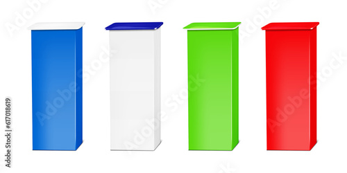 White blank tall exhibition plinth table color vector mockup set. Pedestal display stand mock-up. Template for design. Easy to recolor