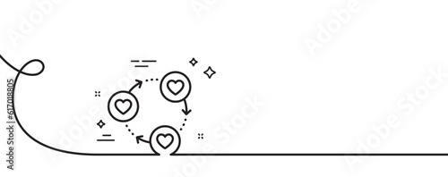 Friends community line icon. Continuous one line with curl. Friendship love sign. Assistance business symbol. Friends community single outline ribbon. Loop curve pattern. Vector