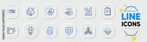 5g wifi, Sunrise and Hypoallergenic tested line icons for web app. Pack of Euler diagram, Education, Coronavirus pictogram icons. Microphone, Clipboard, Fair trade signs. Sodium mineral. Vector
