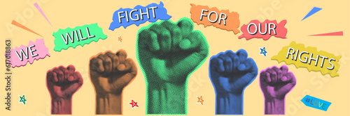 Rainbow colored hand with a fist raised up. halftone. Gay Pride. LGBT concept. Realistic style vector colorful illustration.
