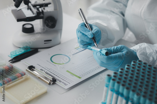 The laboratory is used for scientific research to test and research therapeutic vaccines, lab assistants collect blood samples from patients and perform chemical reactions. Laboratory concept.