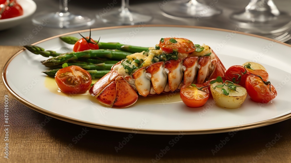 Succulent lobster tail coated in a rich herb-infused butter sauce grilled generative ai Succulent lobster tail coated in a rich herb-infused butter sauce grilled generative ai