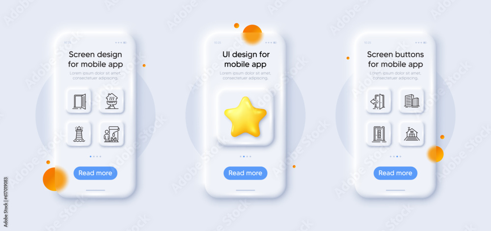 Home grill, Lighthouse and Buildings line icons pack. 3d phone mockups with star. Glass smartphone screen. Entrance, Open door, Door web icon. Painter, Terrace pictogram. For web app, printing. Vector Home grill, Lighthouse and Buildings line icons pack. 3d phone mockups with star. Glass smartphone screen. Entrance, Open door, Door web icon. Painter, Terrace pictogram. For web app, printing. Vector