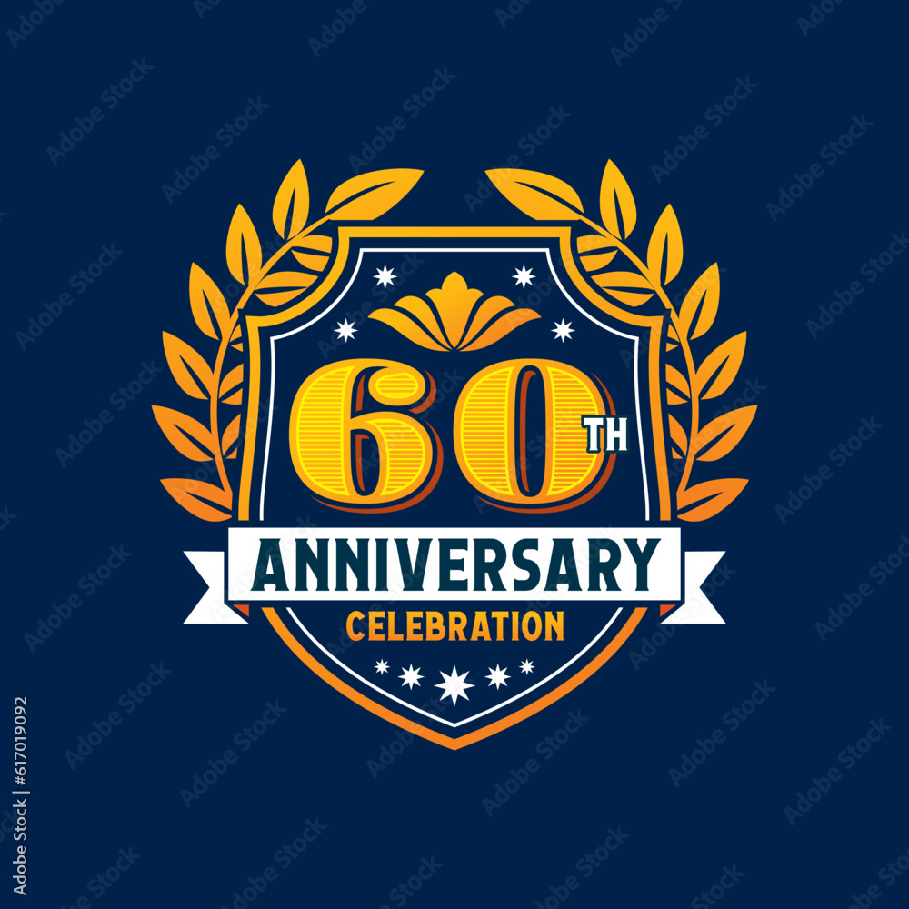 Naklejka premium Anniversary badge, birthday banner or jubilee seal icon, party number vector mark. 60 anniversary label emblem with ribbon wreath for business or wedding celebration, 60th birthday jubilee laurel sign