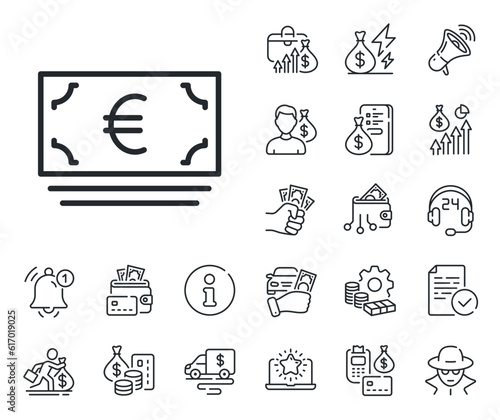 Banking currency sign. Cash money, loan and mortgage outline icons. Cash money line icon. Euro or EUR symbol. Euro currency line sign. Credit card, crypto wallet icon. Inflation, job salary. Vector
