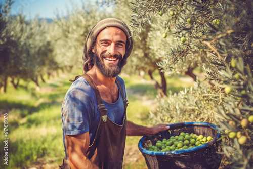 Junger Mann mit Bart in einem Overall bei der Olivenernte in einer Olivenplantage im Sonnenschein. Generative AI photo