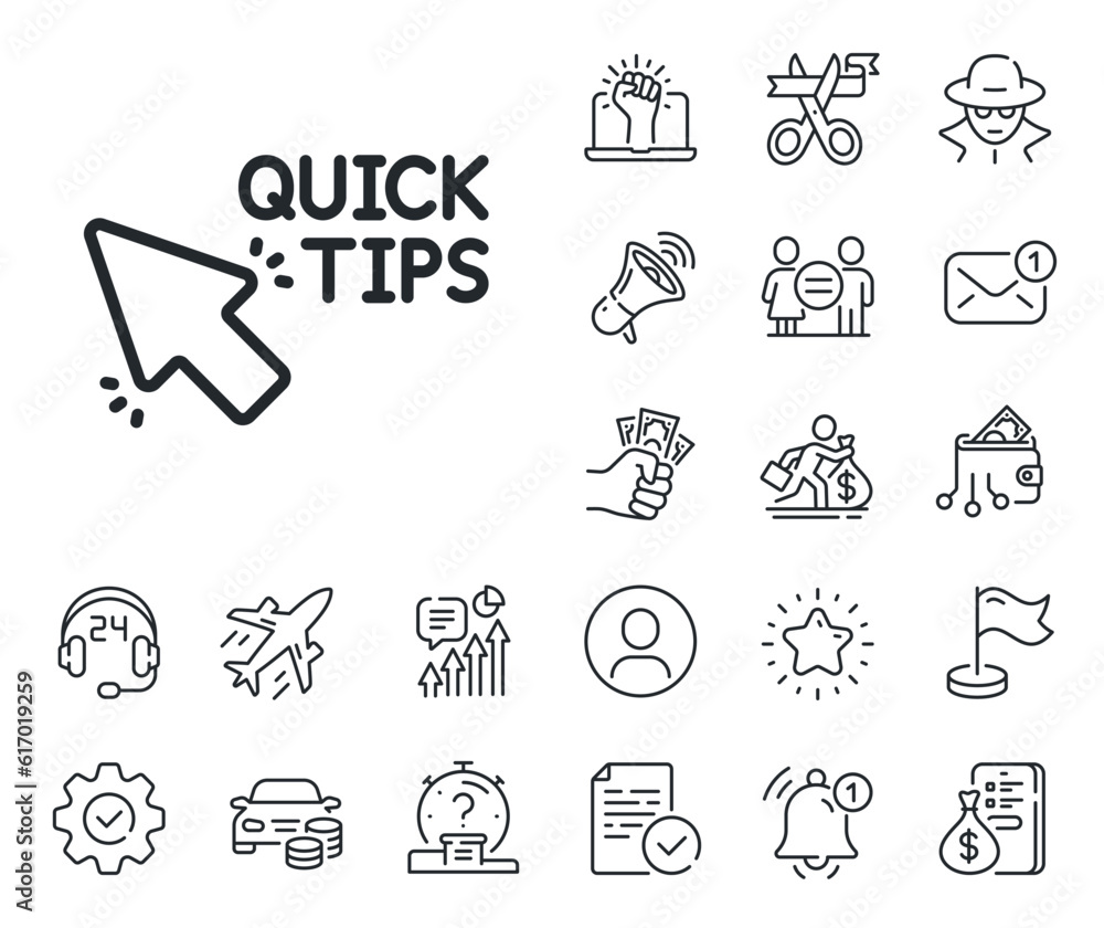 Fototapeta premium Helpful tricks sign. Salaryman, gender equality and alert bell outline icons. Quick tips click line icon. Quick tips line sign. Spy or profile placeholder icon. Online support, strike. Vector