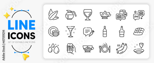 Wine bottle, Food and Wine glass line icons set for app include Restaurant app, Cold coffee, Water drop outline thin icon. Coffeepot, Sunflower seed, Food app pictogram icon. Chat bubble. Vector