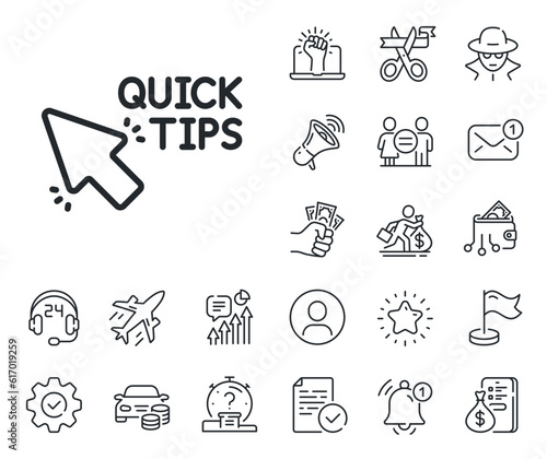 Helpful tricks sign. Salaryman, gender equality and alert bell outline icons. Quick tips click line icon. Quick tips line sign. Spy or profile placeholder icon. Online support, strike. Vector