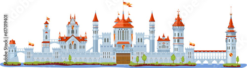 Medieval fortress castle. Gate, tower and turret, bridge, fort, wall and palace. Isolated cartoon vector impenetrable architecture featuring towering stone facade with imposing drawbridge and flags