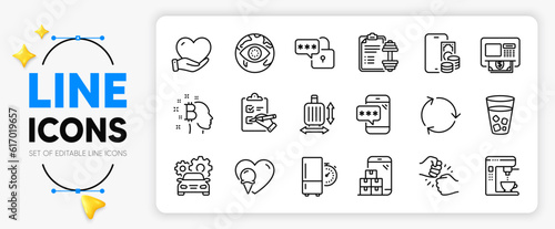 Baggage size, Bitcoin think and Atm line icons set for app include Volunteer, Ice tea, Recycling outline thin icon. Refrigerator timer, Car service, Cyber attack pictogram icon. Vector