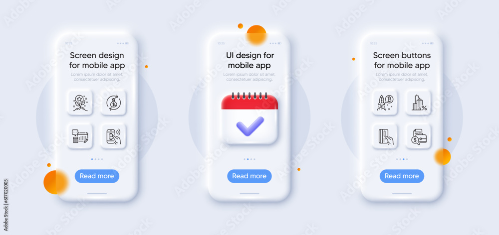 Bitcoin project, Loyalty points and Account line icons pack. 3d phone mockups with calendar. Glass smartphone screen. Bitcoin pay, Mortgage, Money exchange web icon. Vector Bitcoin project, Loyalty points and Account line icons pack. 3d phone mockups with calendar. Glass smartphone screen. Bitcoin pay, Mortgage, Money exchange web icon. Vector