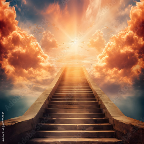 Climbing the stairs to the sun. Staircase to meet God. Bright sky light background. Religion.