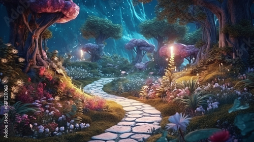Fantasy fairy tale forest with fireflies in trees, cartoon background with flowers in magic night light or fairy garden by AI generative